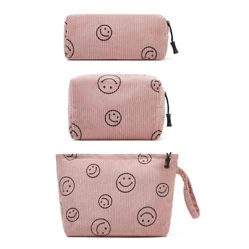 Makeup bag set small Cosmetic bag for women purse Corduroy Organizer with interior Pockets,cute Pencil zipper Pouch travel Toiletry Bag with handle(Smile face Pink)