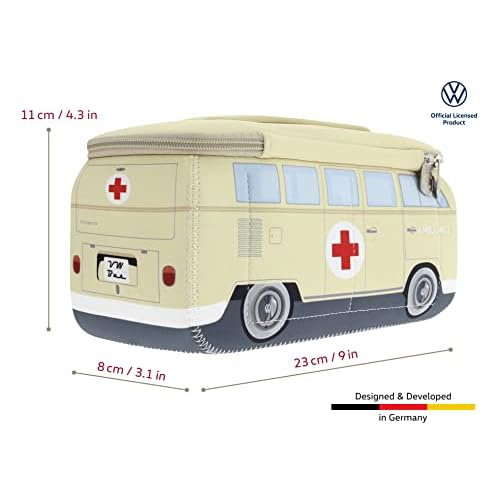 BRISA VW Collection - Volkswagen Neoprene Universal Makeup Cosmetics Toiletry Travel Pharmacy Bag in T1 Bus Design (Ambulance/Beige) (Small (9.1 x 4.3 x 3.1 inches))