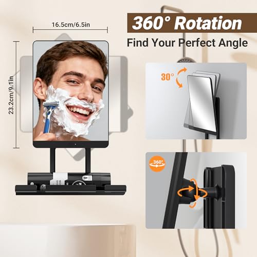 Heated Fogless Shower Mirror for Shaving, 5000mAh Long-Lasting Anti-Fog Shower Mirror with 360¡Æ Rotating Design & Razor Holder, Fog-Free Shaving Mirror for Men (Black)