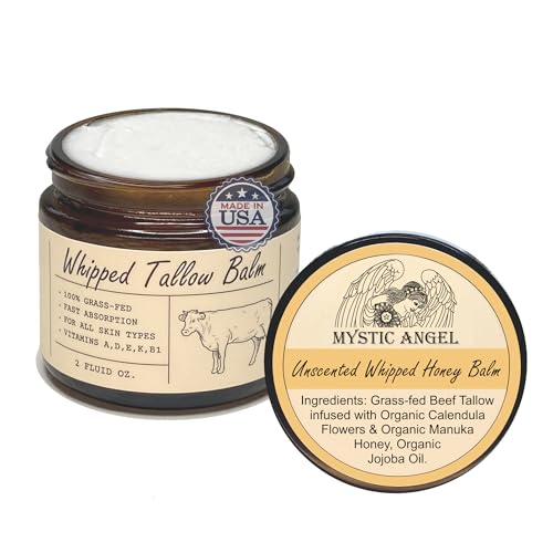 Mystic Angel Beef Tallow for Skin with Organic Manuka Honey ? 100% Grass-fed/finished - Whipped All-Purpose Moisturizer for Eczema, Baby, Sensitive Skin ? Made in the USA (2 Fl. Oz., Unscented)