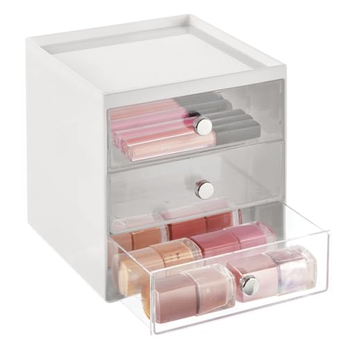 mDesign Plastic 3 Drawer Organizer for Makeup Storage - Large Stackable Makeup Organization and Storage Cube with Drawers for Bathroom, Vanity, Desk - Makeup Storage Drawers - Light Gray/Clear