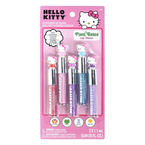 Hello Kitty 5 Pc Plant Based, Moisturizing Lip Gloss Makeup Set for Girls Kids Toddlers, Perfect for Parties Sleepovers Makeovers Birthday Gift for Girls 3 Yrs+ by Townley Girl