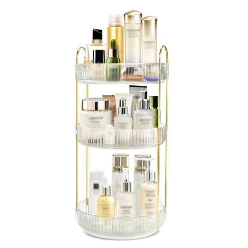 360 Rotating Makeup Organizer for Vanity,3 Tier Large Capacity Skincare Organizers,Bathroom Counter Organizer, transparent Spinning Perfume & Vanity Organizer (White, 3 Tier)