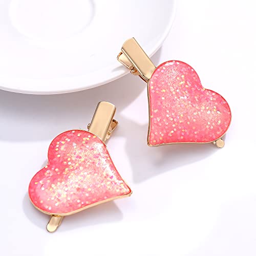 Heart Hair Clips Large Valentine's Day Glitter Heart Alligator Metal Clip Red & Pink Heart Shape Duckbill Hairpins Sweet Love Heart Hair Barrettes for Women Girls Hair Styling Accessory