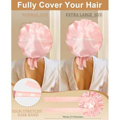 Extra Large Satin Bonnet for Sleeping Jumbo Silk Bonnet Double Layer Hair Bonnet for Women with Elastic Tie Band Sleep Bonnet Hair Wrap for Braids Curly Hair(Apricot Powder+Champagne)