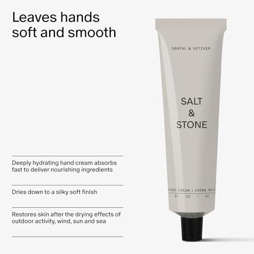 Salt & Stone Hand Cream for Women & Men | Hydrates, Nourishes & Softens Skin | Restores Dry Cracked Hands | Fast-Absorbing | Cruelty-Free & Vegan | Santal & Vetiver 2 fl oz