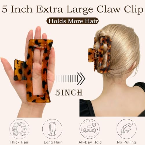 SEVEN STYLE Glossy Leopard 5-Inch XL Jumbo Claw Clips 4-Pack for Women