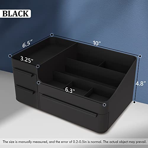 Makeup Organizer for Vanity, Bathroom Countertop Storage Display Boxes Case,Stackable Cosmetic Holder for Jewelry Hair Accessories Beauty Skincare Product Organizing with drawer organizer tray, Black