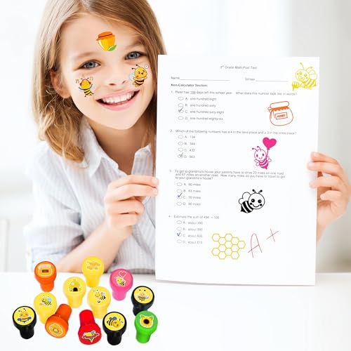 36PCS Bee Party Favors - 24PCS Temporary Tattoos & 12PCS Stamps - Ideal Honey Bee Themed Birthday Card Decorations Supplies Goodie Bag Cute Rewards for Boys Girls Classroom Gifts Baby Shower Prizes