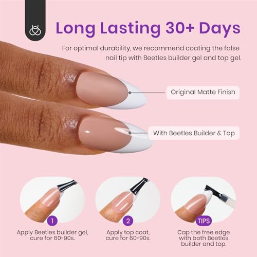 Beetles Pre-French Tips Gel Nail Tips, 4-IN-1 150Pcs Almond Medium Pinkish Brown French Press on Nails Etch X Pre-Primer & Base Coat, No File Need Easy False Nail Tips for Nail Art DIY Design