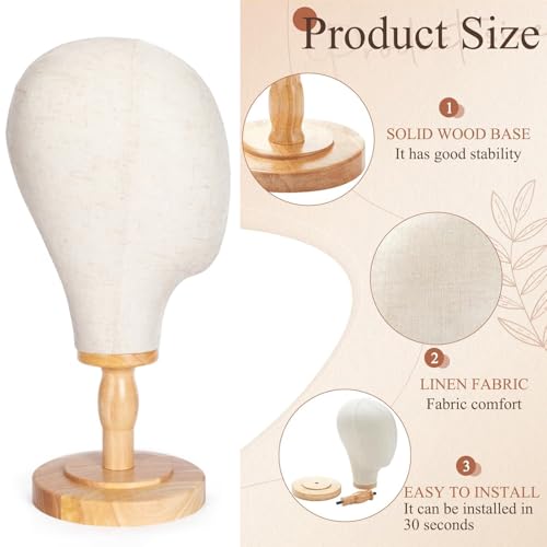 Canvas Wig Head Stand with Wooden Base - Professional Mannequin