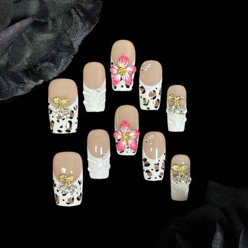 Handmade Press On Nails, 3D Velvet Floral Short/Medium Length Square White French Tips, Leopard Cherry Design, Reusable Acrylic False Nails (Velvet Jungle, M)