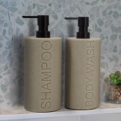 Resin 2 Pack Shampoo, Conditioner or Body Wash Dispenser Set, Luxurious Refillable Pump Bottles with Matte Pump Top and Embossed Text, Durable Design for Bathroom and Shower