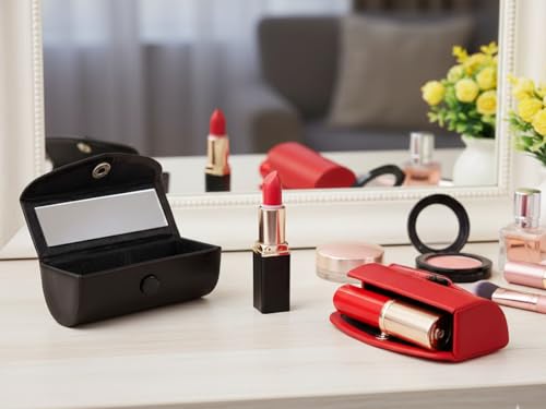 Leather Lipstick Case Holder Set of 2 with Mirror