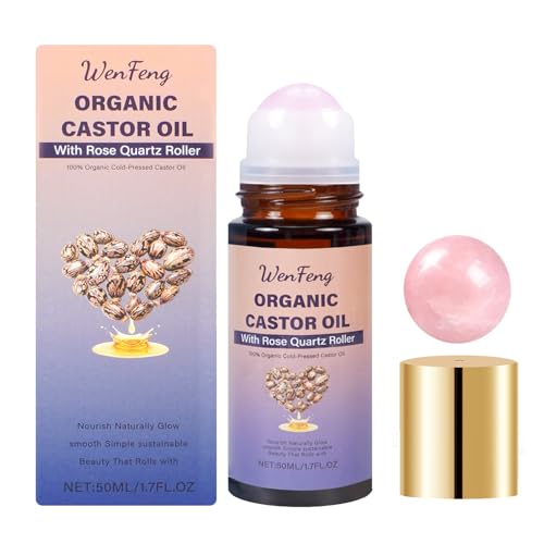 Organic Castor Oil Roll On with Rose Quartz Roller Ball - WenFeng, 50ml