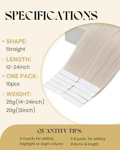 Ve Sunny Tape in Hair Extensions Real Human Hair Invisible Remy Human Hair Straight Tape Ins Double Sided White Blonde 24 inch 10Pcs 25G