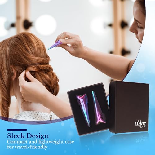 Beauty & Crafts 2PC Pro Hair Parting & Sectioning Rings-Stainless Steel Finger Tool for Precise Hair Styling and Extension Installations - Inculde Straight &Curved Ring with Box (Multi Rainbow)