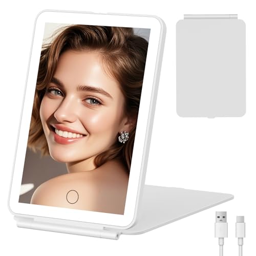 FUNTOUCH Rechargeable Travel Makeup Mirror with 3-Color LED Light