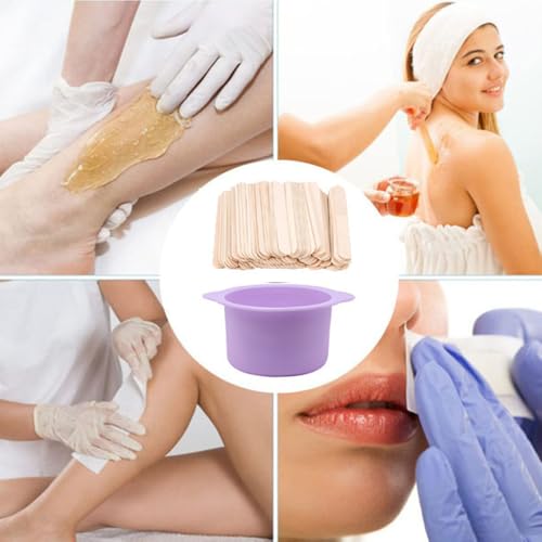 2pcs Silicone Wax Warmer Liner & 50 Pcs Waxing Sticks Body Hair & 50 Pcs Protective Collars Ring Removal Sticks Applicator Easy to Clean Non-Stick Wax Pot Silicone Bowl