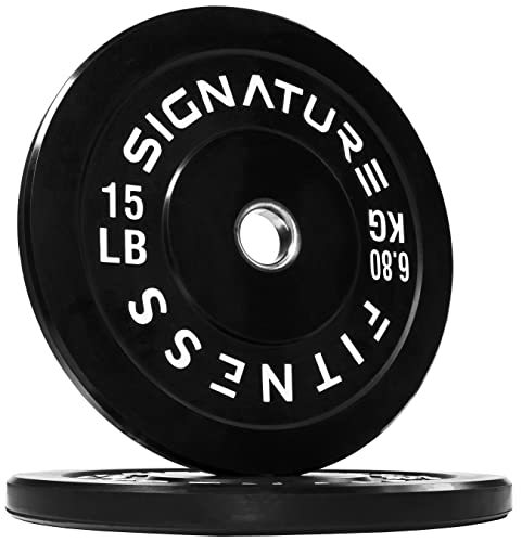 Signature Fitness 2" Olympic Bumper Plate Weight Plates with Steel Hub, 15LB, Pair