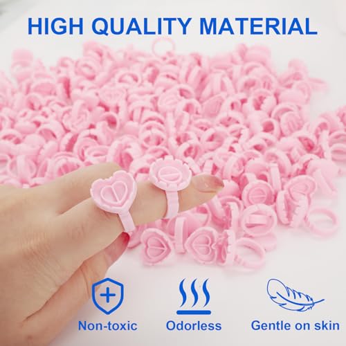 200 Pcs Pink Glue Rings for Eyelash Extensions, Heart & Round Shape Disposable Lash Glue Holder with V-Notches, Salon & Home Use