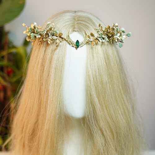 MOSTORY Gold Flower Moon Headpiece - Handmade Fairy Floral Crown Woodland Elf Headband Forest Circlet for Princess Renaissance Fair Halloween Party Wedding Cosplay