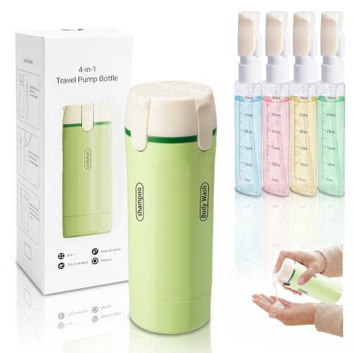 TISOFU 4-in-1 Green Travel Dispenser Bottle, Leak-Proof Refillable Toiletry Container for Shampoo, Conditioner, Shower Gel, Compact & Portable