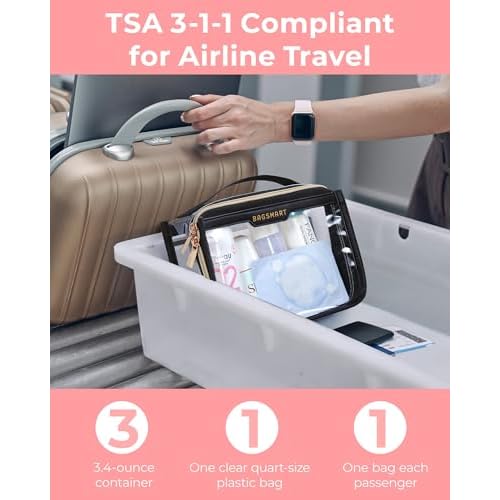 BAGSMART TSA Approved Toiletry Bag, Clear Travel Toiletry Bag, Makeup Cosmetic Pouch Bag for Women Quart Size Compliant Bag Organizer for Travel Essentials (Black Pack of 1,)