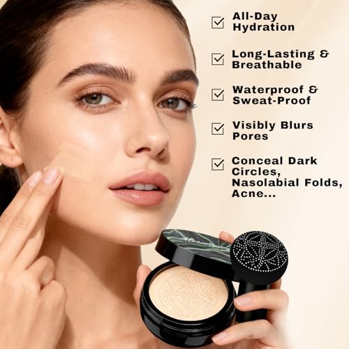 Mushroom Head Air Cushion CC Cream Gift Set for Women, 1 Full-Size Makeup Foundation with 2 Refills & 1 Special Mushroom Head Puff, Holiday Gifts for Her (Medium)