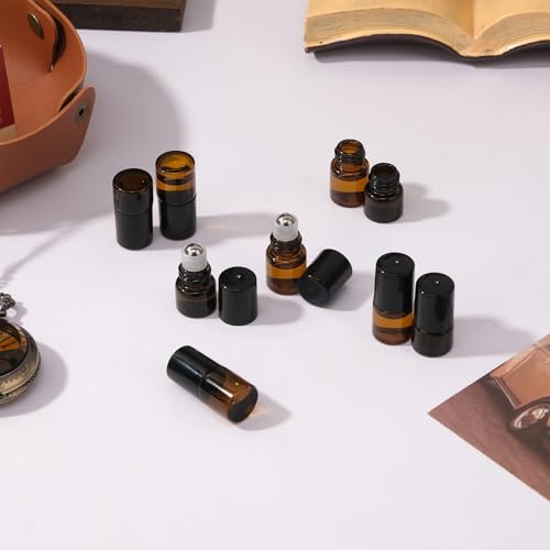 60 pack 1ml Amber Glass Roller Bottles for Essential Oils Refillable Roll-on Applicator with Stainless Steel Roller Balls Mini Leak-proof Makeup Containers with Pipettes and Bottle Opener