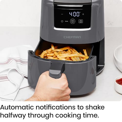 CHEFMAN 2 Qt Mini Air Fryer – Digital Space-Saving Compact Air Fryer with Nonstick and Dishwasher Safe Basket, Quick & Easy Meals in Minutes, Features Digital Timer and Shake Reminder – Grey