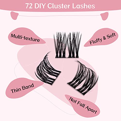 Cluster Lashes, 72 Pcs Individual Lashes, Lash Clusters DIY Eyelash Extension, Super Thin Band Reusable Soft & Comfortable (Freedom-D-16mm)