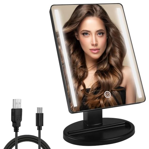 Lighted Makeup Mirror with Lights Vanity Makeup Mirror with Adjustable Brightness and 180 Degree Rotation Touch Screen Dual Power Supply Gifts for Teens Girls Women (Black)