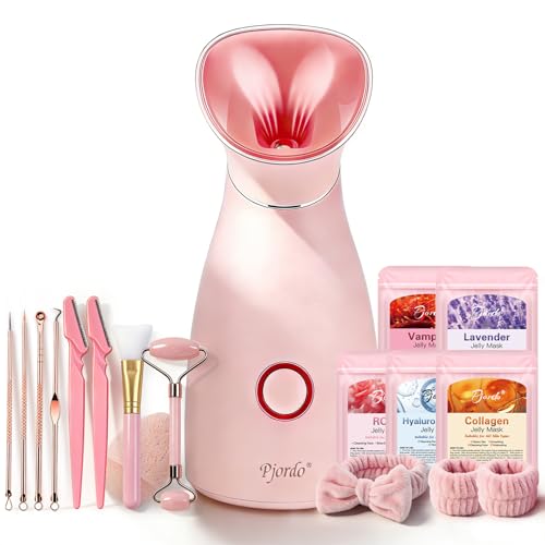 Facial Steamer Spa Kit, 12 Skin Care Tools & 5 Jelly Mask Powder, Nano Ionic Steamer for Facial Deep Cleaning Unclog Pores Sinuses, Warm Mist Humidifier for Home SPA, Self Care Gifts for Women