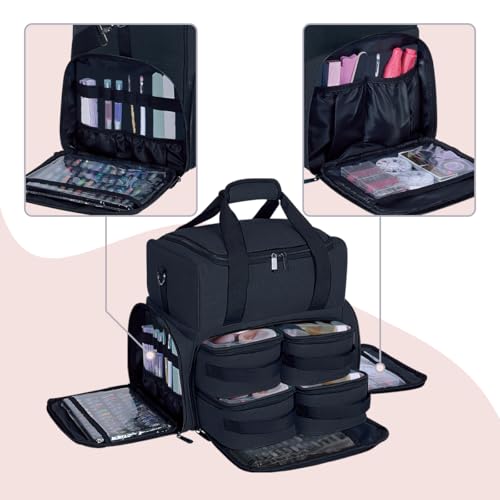 Large Cosmetic Bag with 4 Removable Case and 2 Removable Dividers Double Layer Travel Storage Organizer, Makeup Brushes Storage Section Black