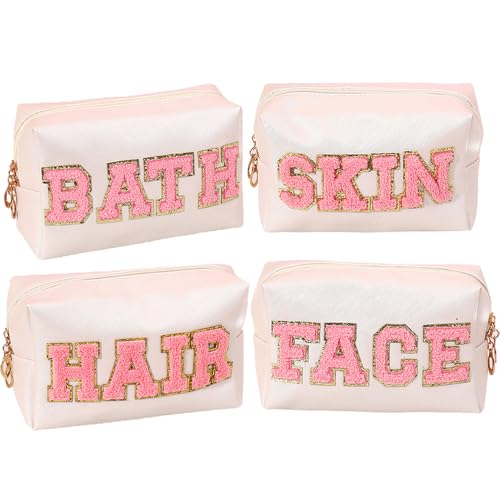 Kaxich 4 Pcs Preppy Patch Makeup Bag, Chenille Letter Cosmetic Bag with Zipper, PU Leather Toiletry Bag Skincare Bag Travel Makeup Pouch for Makeup Washing Nursing, Face Hair Skin Bath Makeup Bag