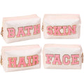 Kaxich 4 Pcs Preppy Patch Makeup Bag, Chenille Letter Cosmetic Bag with Zipper, PU Leather Toiletry Bag Skincare Bag Travel Makeup Pouch for Makeup Washing Nursing, Face Hair Skin Bath Makeup Bag