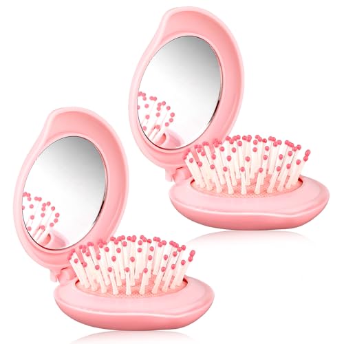 Bewudy 1Pcs Travel Hair Brush with Mirror, Mini Hair Brush, Travel Pocket Brush with Mirror, Folding Hairbrush for Women Small Hair Comb with Mirror Combo Gifts for Women, Pink (1)