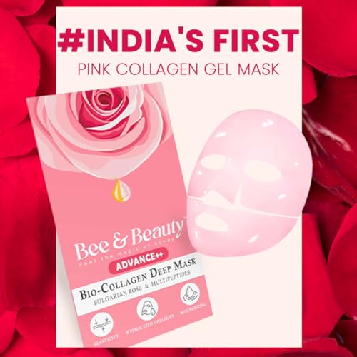 Bee & Beauty Bio Collagen Overnight Mask Pack Of 4 Korean Face Mask For Glass Skin Pink Sheet Mask For Deep Hydration, Rejuvenation With Bulgarian Rose