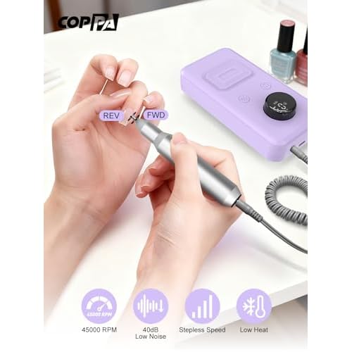 COPPA Portable Nail Drill, NDK106 Electric Nail Drill Professional Kit with 12 Bits 31 Sanding Bands, 45000RPM Rechargeable Nail Drills Machine for Acrylic Nails Gel Polishing Removing, Home & Salon