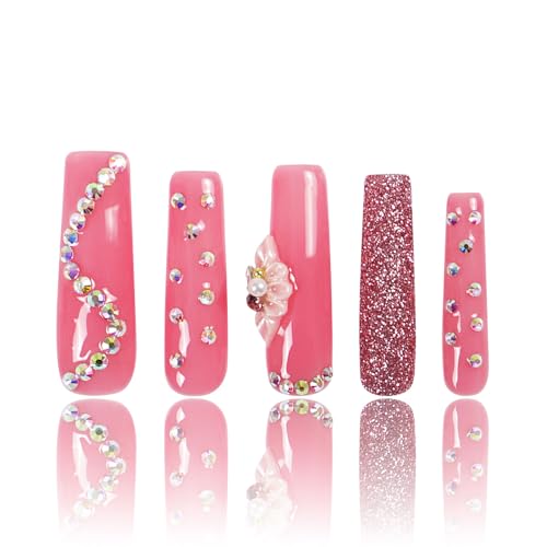 LOVFUL Press on Nails Shimmer Blossom Pink| Handmade with Full Covered Crystals| Reusable Fake Nails| Square Mid length 1.7in| H96-S