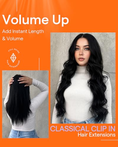 Full Shine Jet Black Clip In Hair Extensions 24 Inch Remy