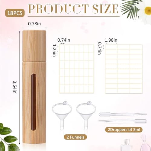 18 Pcs 10ml Bamboo Roll on Bottles for Essential Oils Empty Bottles with Stainless Steel Roller Balls with Funnels, 3ml Droppers and Stickers