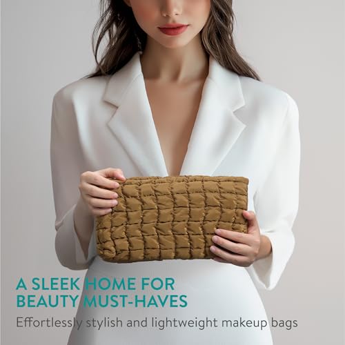 Navaris Large Puffy Makeup Bag, Set of 2 - Coquette Quilted Pouch Design - Preppy Clean Girl Aesthetic - Lightweight Cosmetic Bags - Make up, Skincare & Toiletries - Brown & Beige