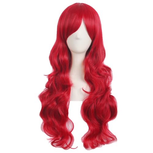 MapofBeauty 28 Inch Long Curly Red Wig with Side Bangs