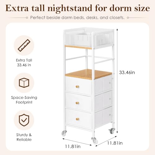 Narrow College Dorm Nightstand with 3 Drawers - Space Saving