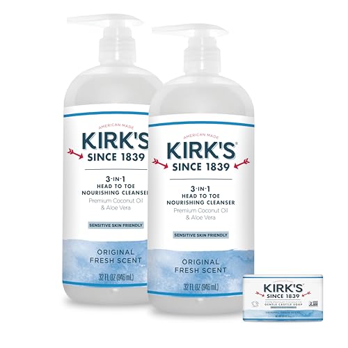 Kirk's 3-in-1 Head to Toe Nourishing Liquid Cleanser & Travel Size Bar Soap - for Men, Women & Children - Premium Coconut Oil and Aloe Vera- Non GMO & Vegan -Original Fresh Scent - 32 Fl Oz. 2 pack