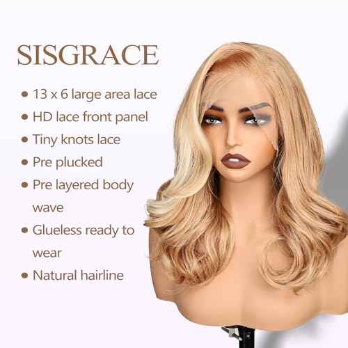 SISgrace 13¡¿6 Pre Plucked HD Lace Front Wigs Pre Layered Body Wave Natural Hairline Synthetic Glueless Wigs for Women 18 Inch Tiny Knots Lace Bob Wigs (Blonde with White Highlight)