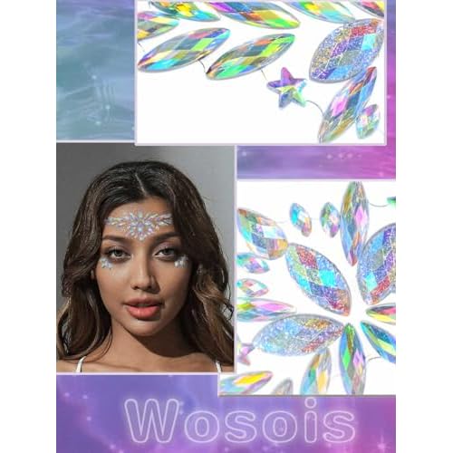 Face Jewels Crystal Face Stickers Mermaid Gems Sparkly Temporary Rhinestone Sticker Rave Party Accessories for Women (D)