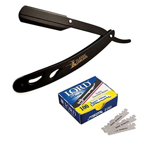 CS-102 Stainless Steel Professional Barber Straight Edge Shavette Cut Throat Razor (Matte Black + 100 Lord Blades)
